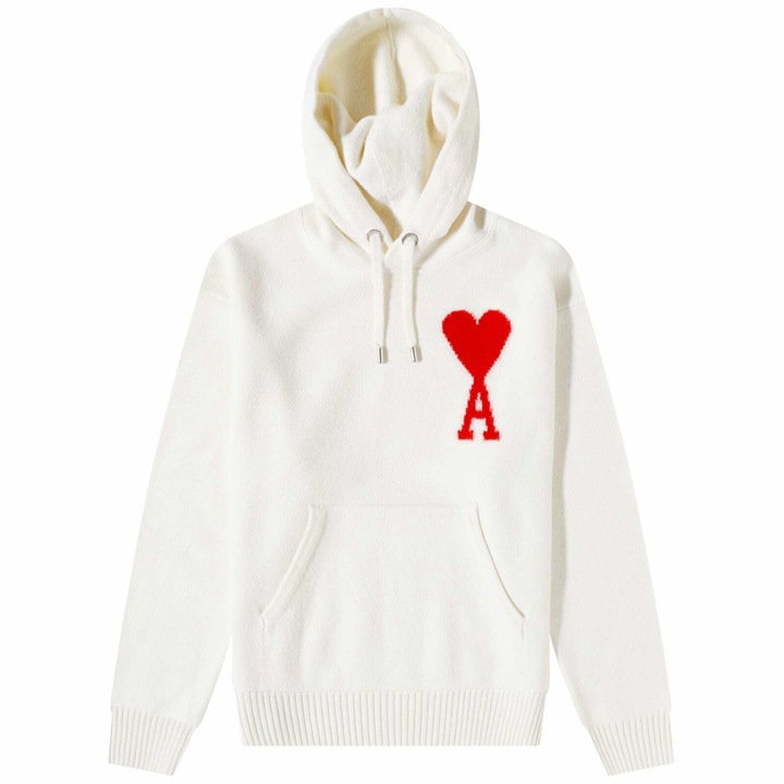 Photo: AMI Men's Large A Heart Knitted Popover Hoody in Off-White/Red