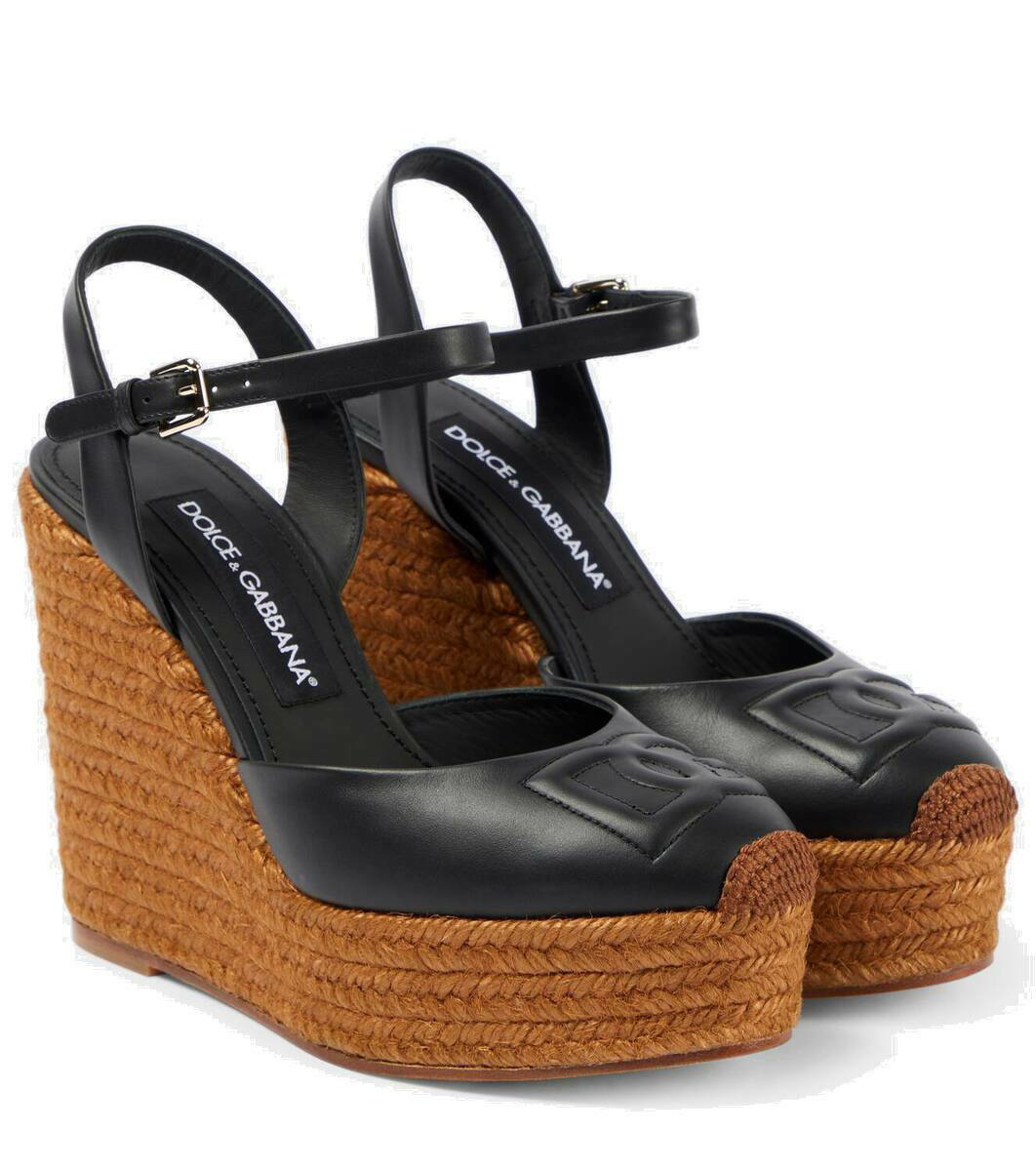 Photo: Dolce&Gabbana Logo embroidered leather wedge espadrilles