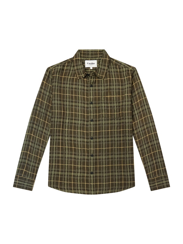 Photo: Corridor - Crinkled Checked Cotton-Blend Shirt - Green