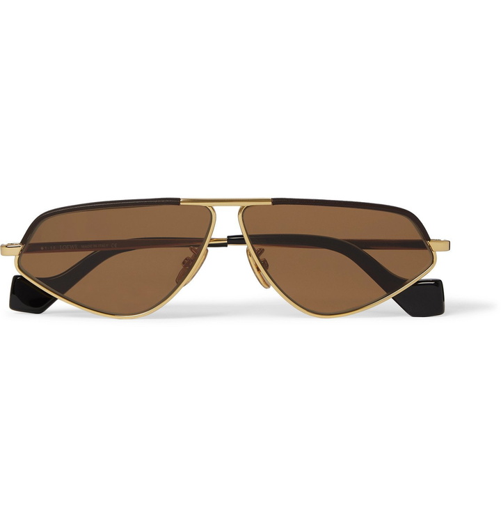 Photo: Loewe - Aviator-Style Leather-Trimmed Gold-Tone Sunglasses - Gold