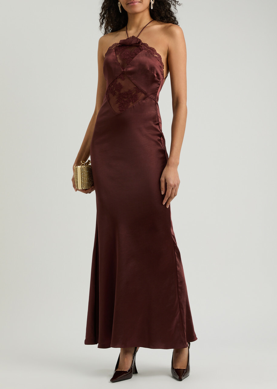 Self-portrait Lace-trimmed Satin Maxi Dress Brown