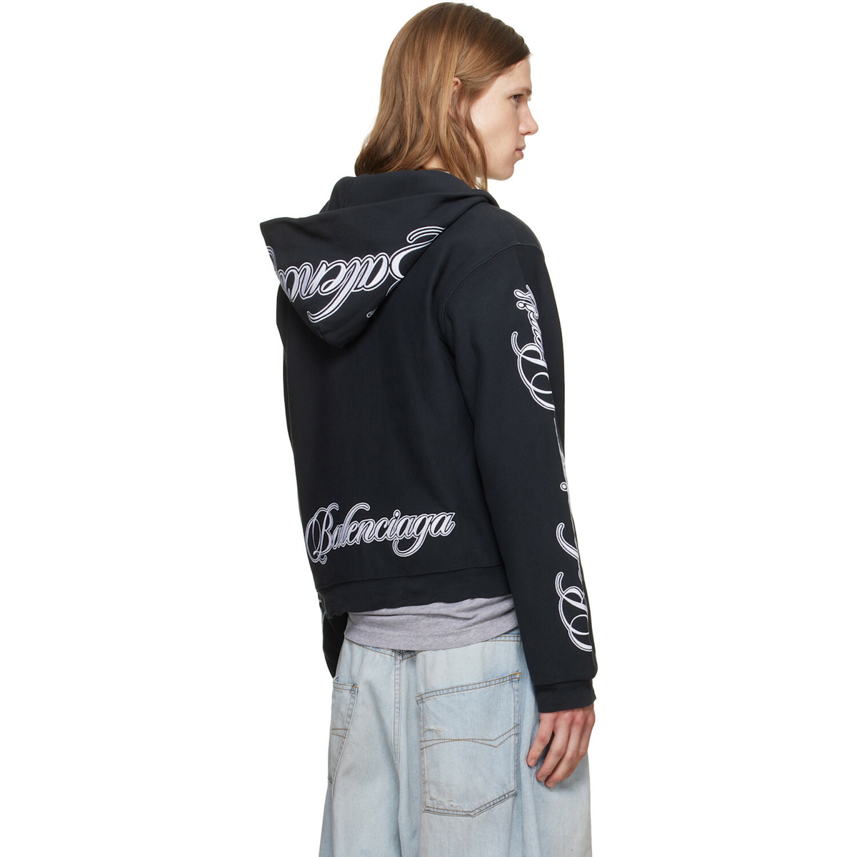 Balenciaga Black Cursive Zip-Up Regular Fit Hoodie