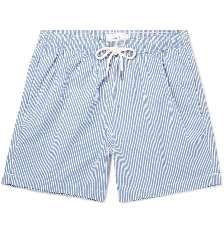 Photo: Mr P. - Striped Cotton-Blend Seersucker Swim Shorts - Blue