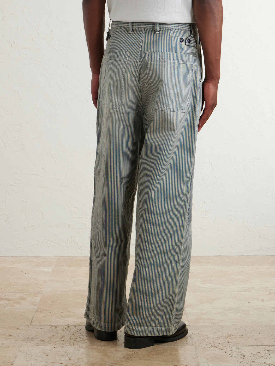 KAPITAL - Liberty Hicoree Fatigue Wide-Leg Striped Distressed Patchwork Cotton-Twill Trousers - Blue
