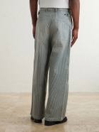 KAPITAL - Liberty Hicoree Fatigue Wide-Leg Striped Distressed Patchwork Cotton-Twill Trousers - Blue