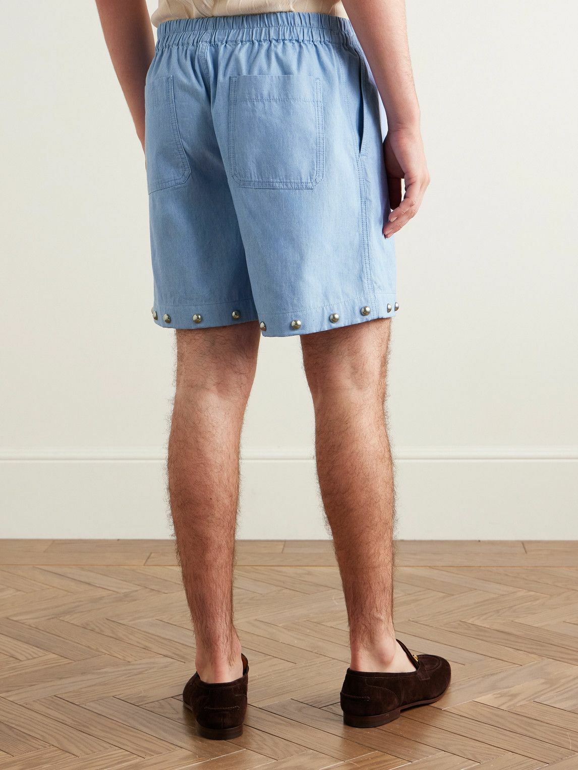 Valentino Garavani - Straight-Leg Studded Cotton-Chambray Shorts - Blue