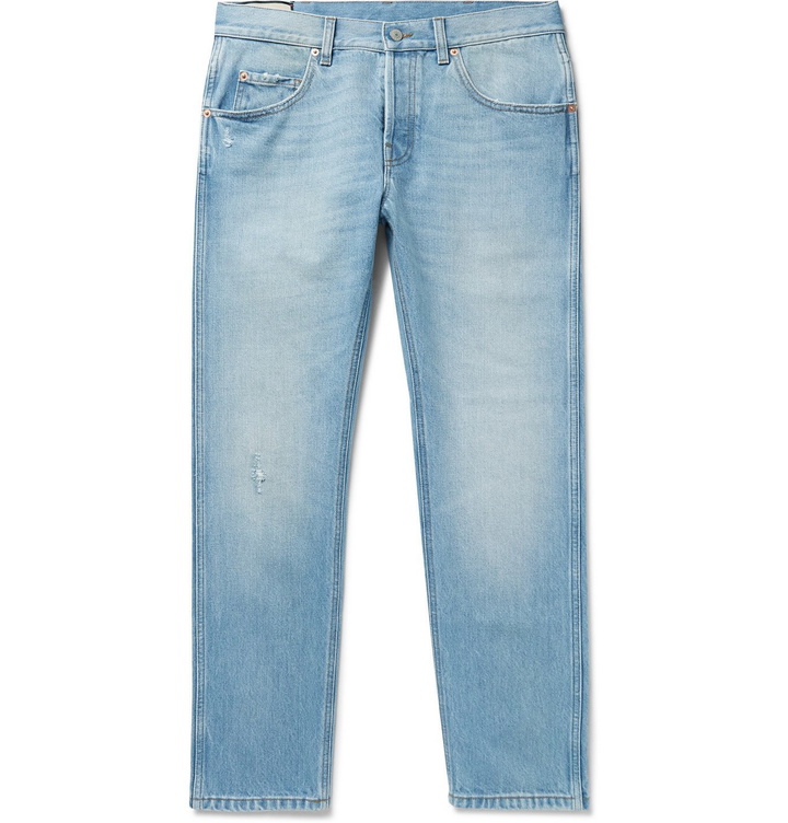 Photo: GUCCI - Slim-Fit Tapered Cropped Distressed Denim Jeans - Blue