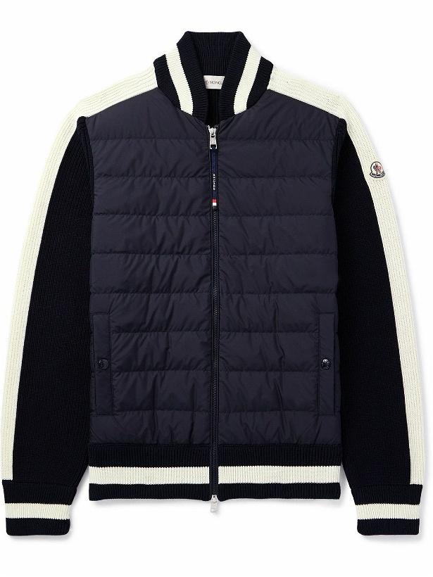 Photo: Moncler - Slim-Fit Logo-Appliquéd Striped Ribbed Cotton and Quilted Shell Down Cardigan - Blue