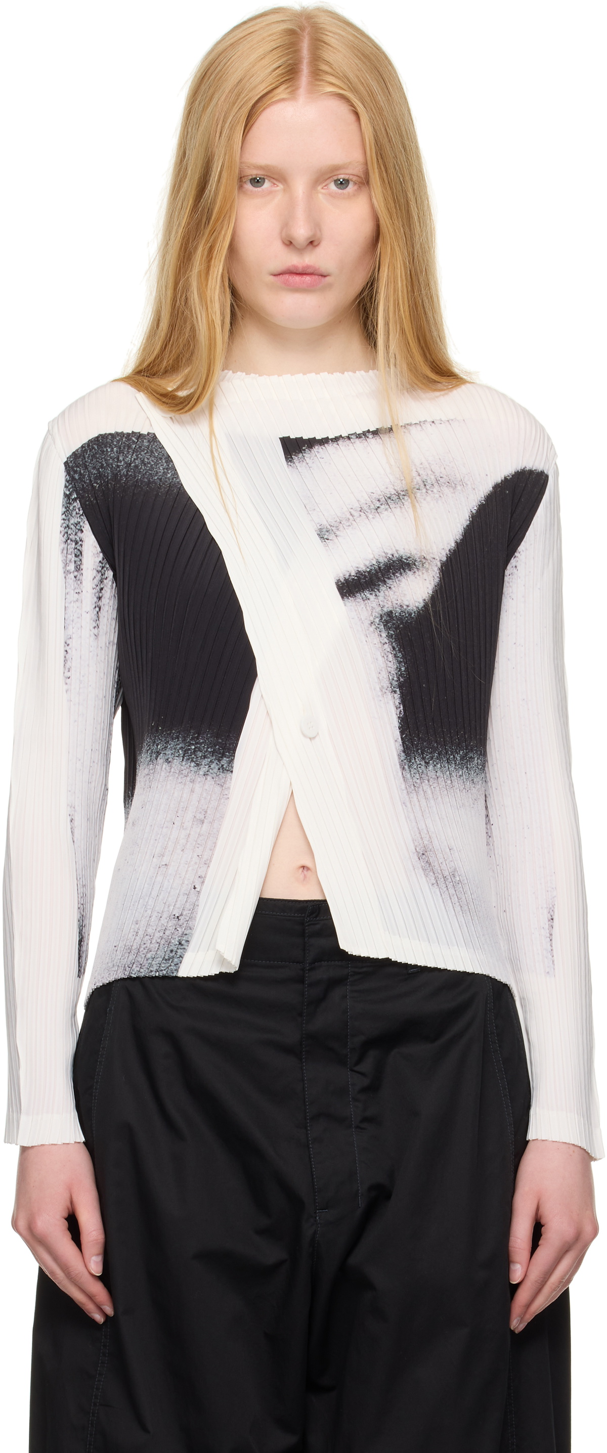 ISSEY MIYAKE White & Black May Shadow Study Pleats Cardigan Issey