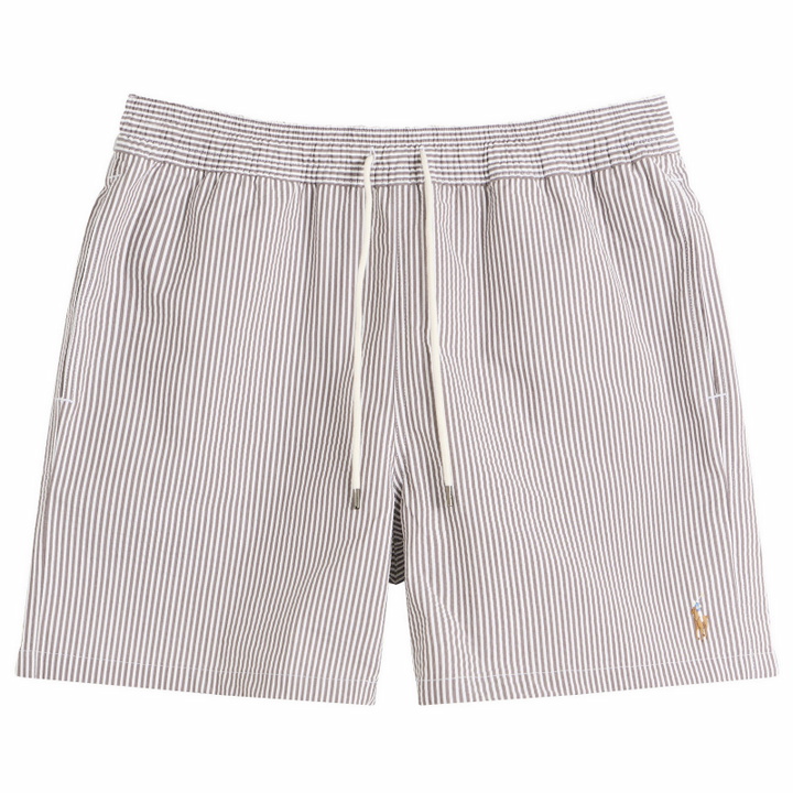 Photo: Polo Ralph Lauren Men's Stripe Traveler Swim Shorts in Nutmeg Brown Seersucker