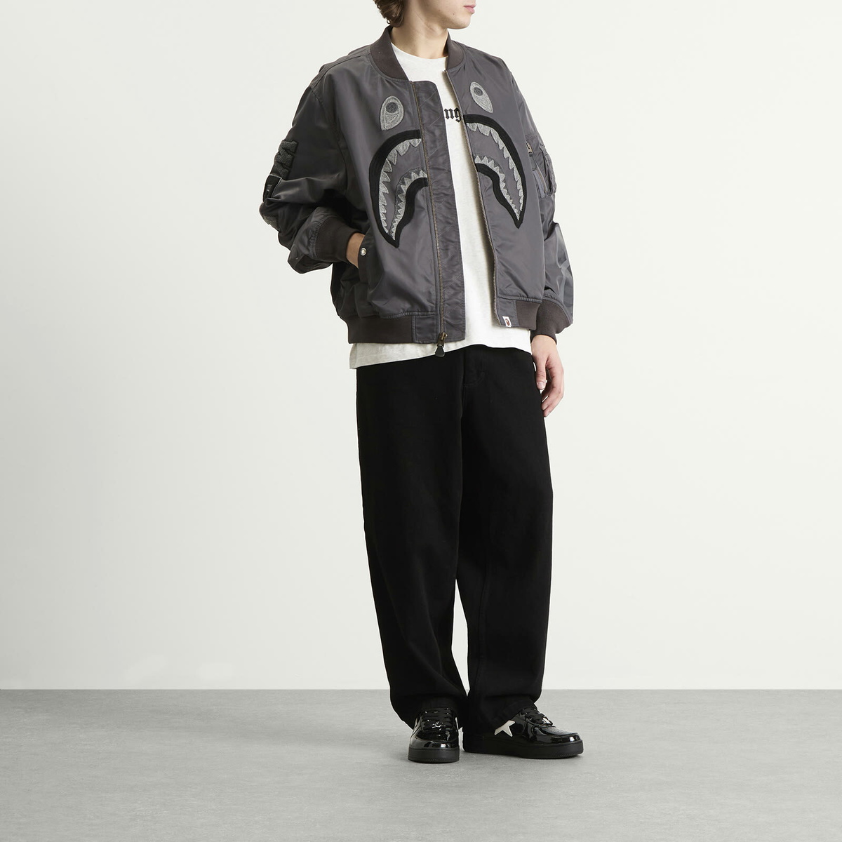 A Bathing Ape Men's Tonal Shark MA-1 Jacket in Charcoal A Bathing Ape