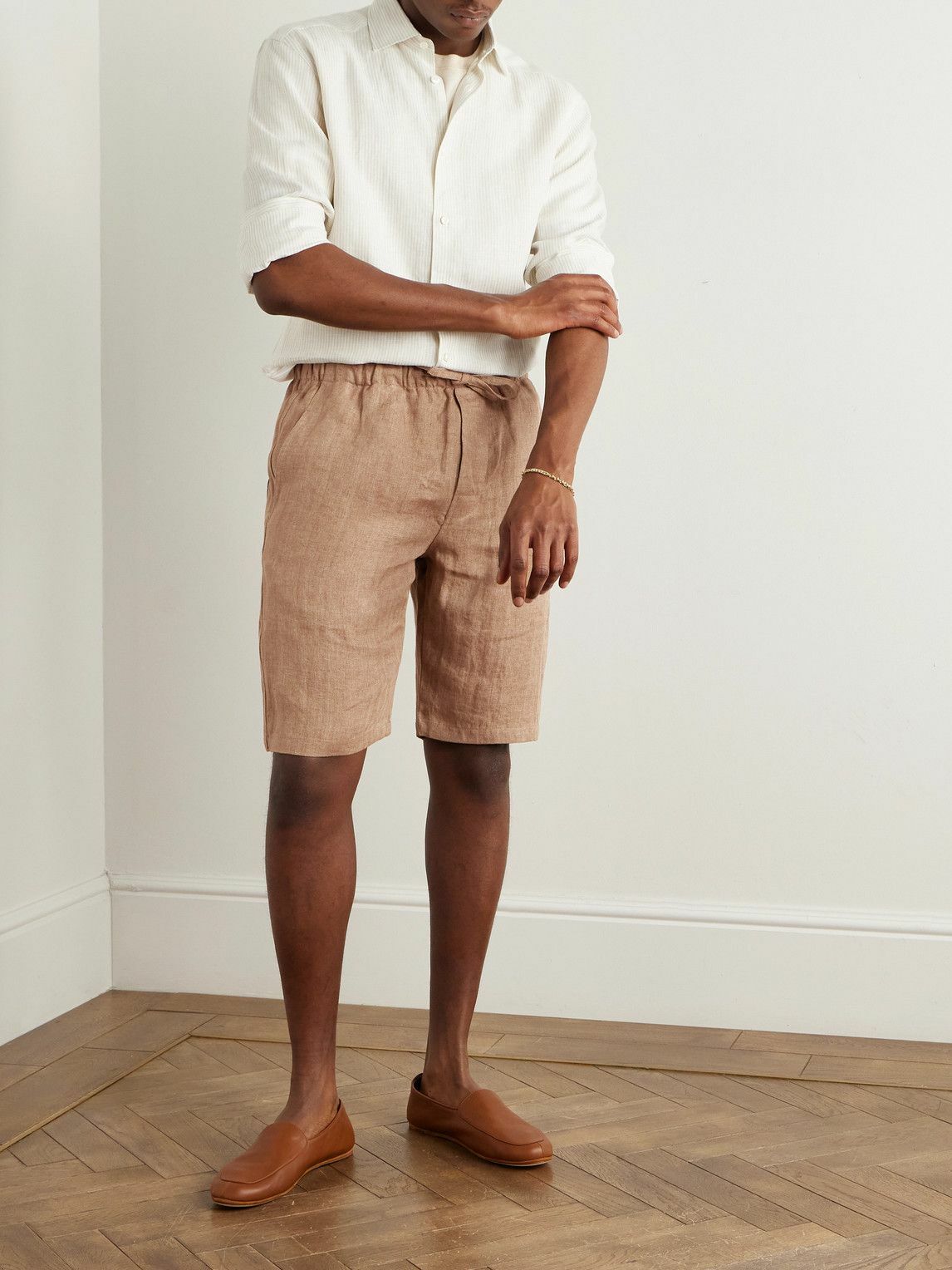 De Petrillo - Straight-Leg Herringbone Linen Drawstring Shorts - Neutrals