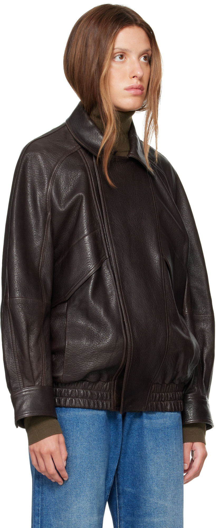 Nour Hammour Brown Rafe Sculptural Leather Bomber Jacket