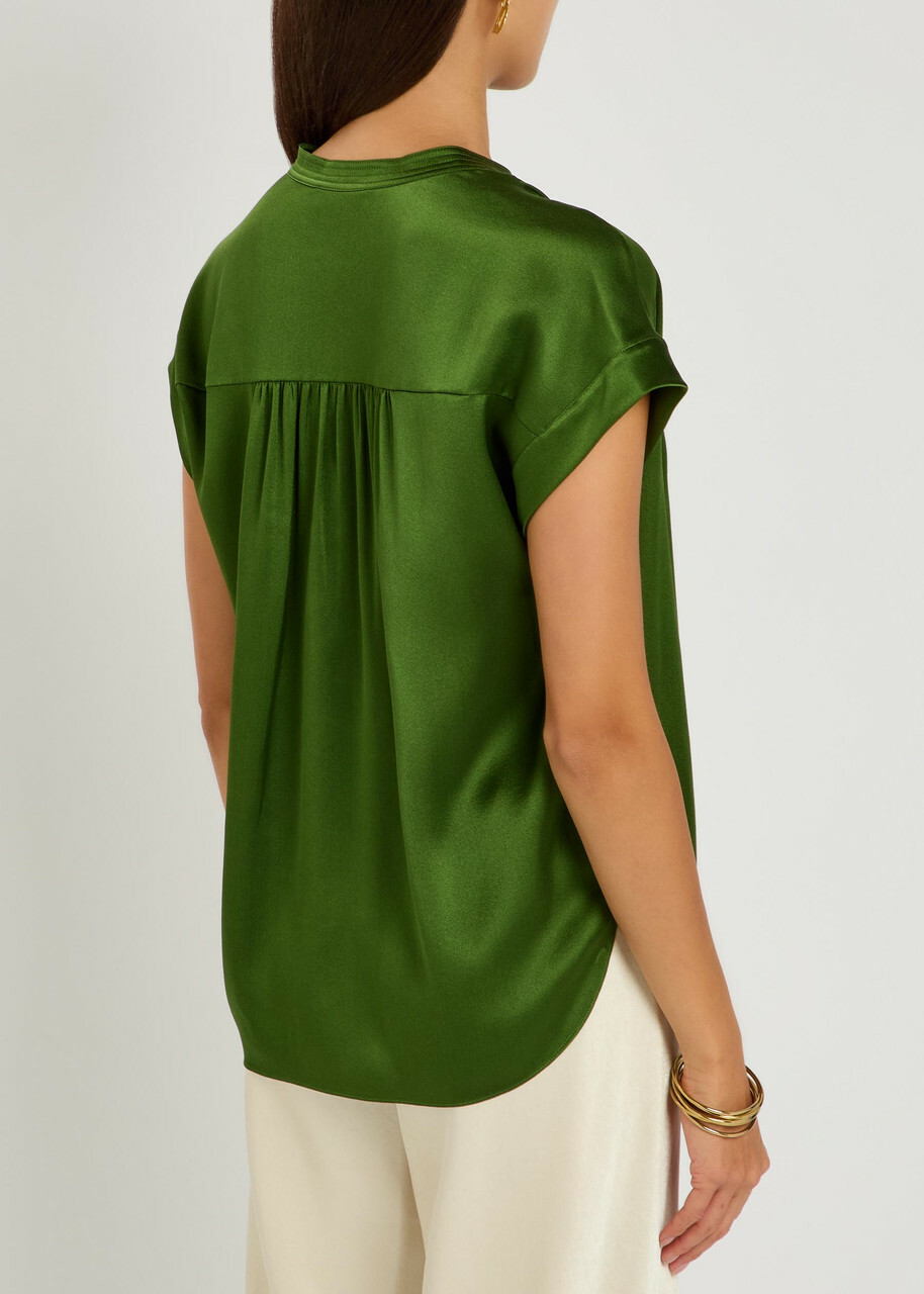 Vince Gathered Silk Blouse Green