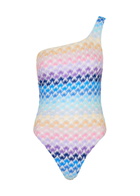 Missoni One-shoulder Metallic Fine-knit Swimsuit Blue