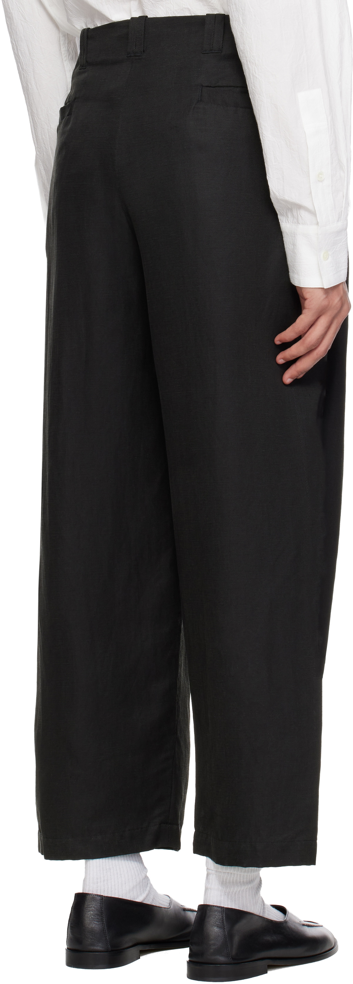 YOKE Black Linen Silk Kersey 3pleated Tapered Trousers