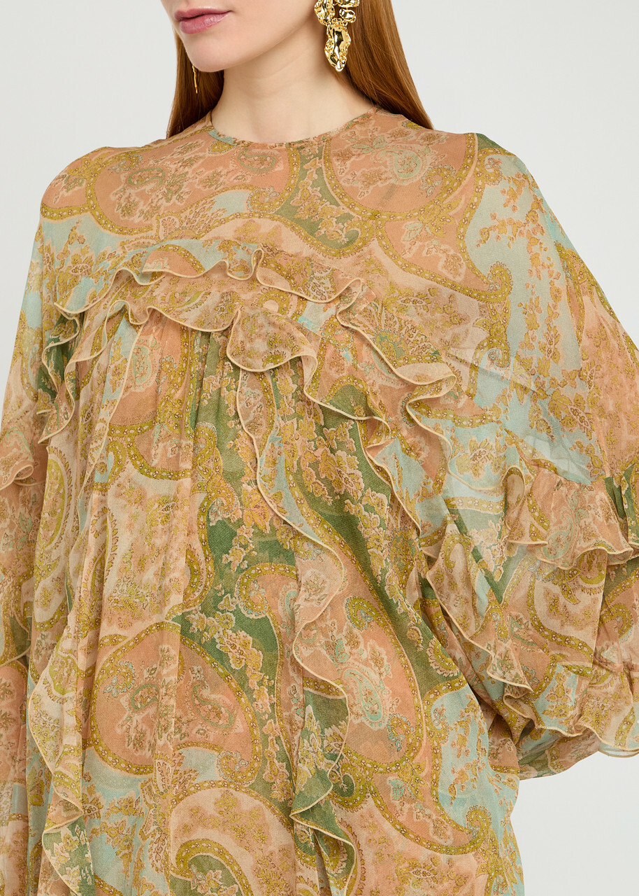 Zimmermann Luna Flutter Paisley Ruffled Silk Midi Dress Sage