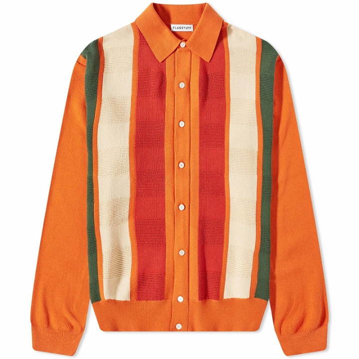 Photo: Flagstuff Men's Stripe Knit Polo Cardigan in Orange