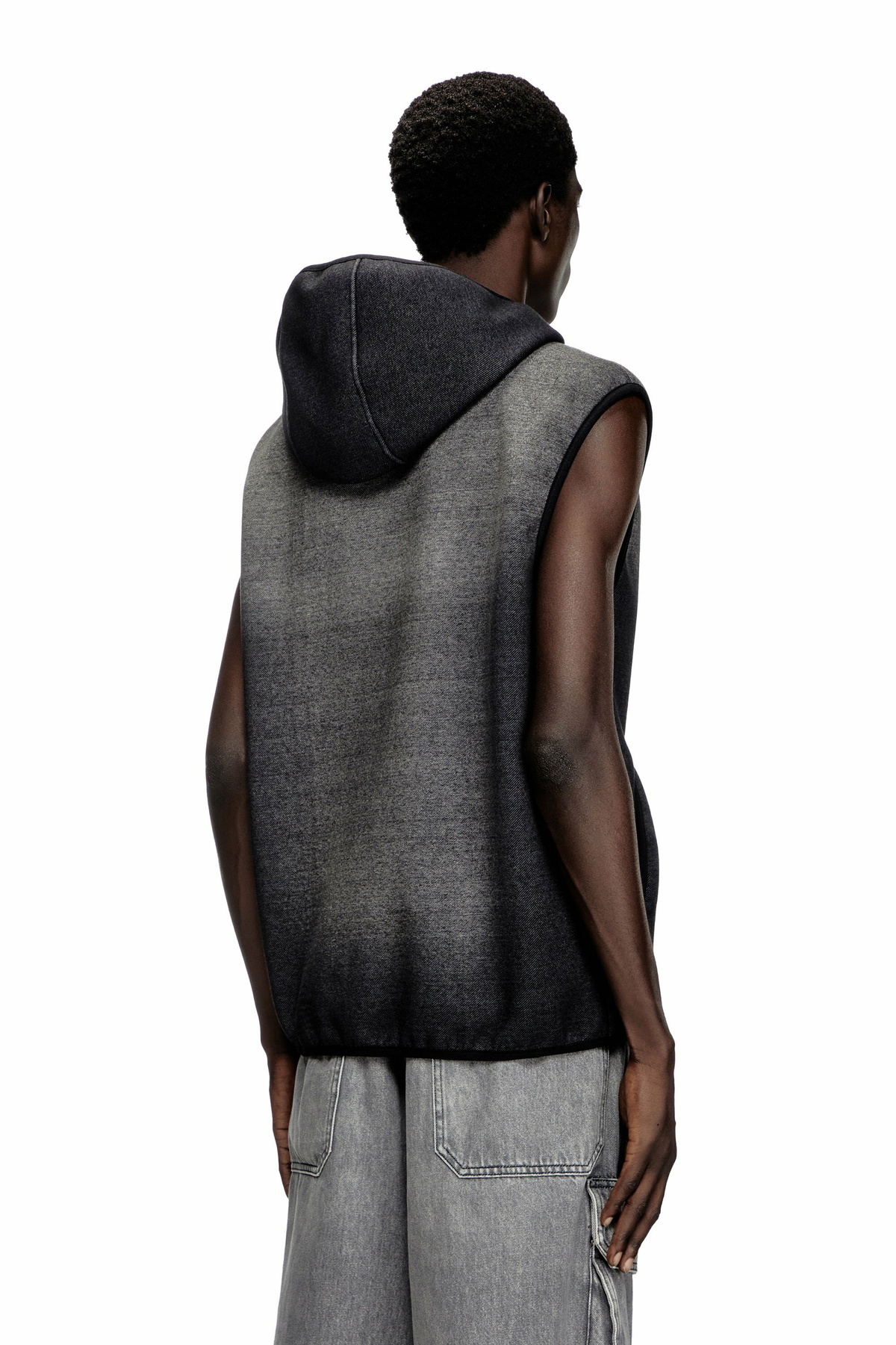 Diesel Hooded vest in denim-effect jacquard - Sweaters - Unisex - Black