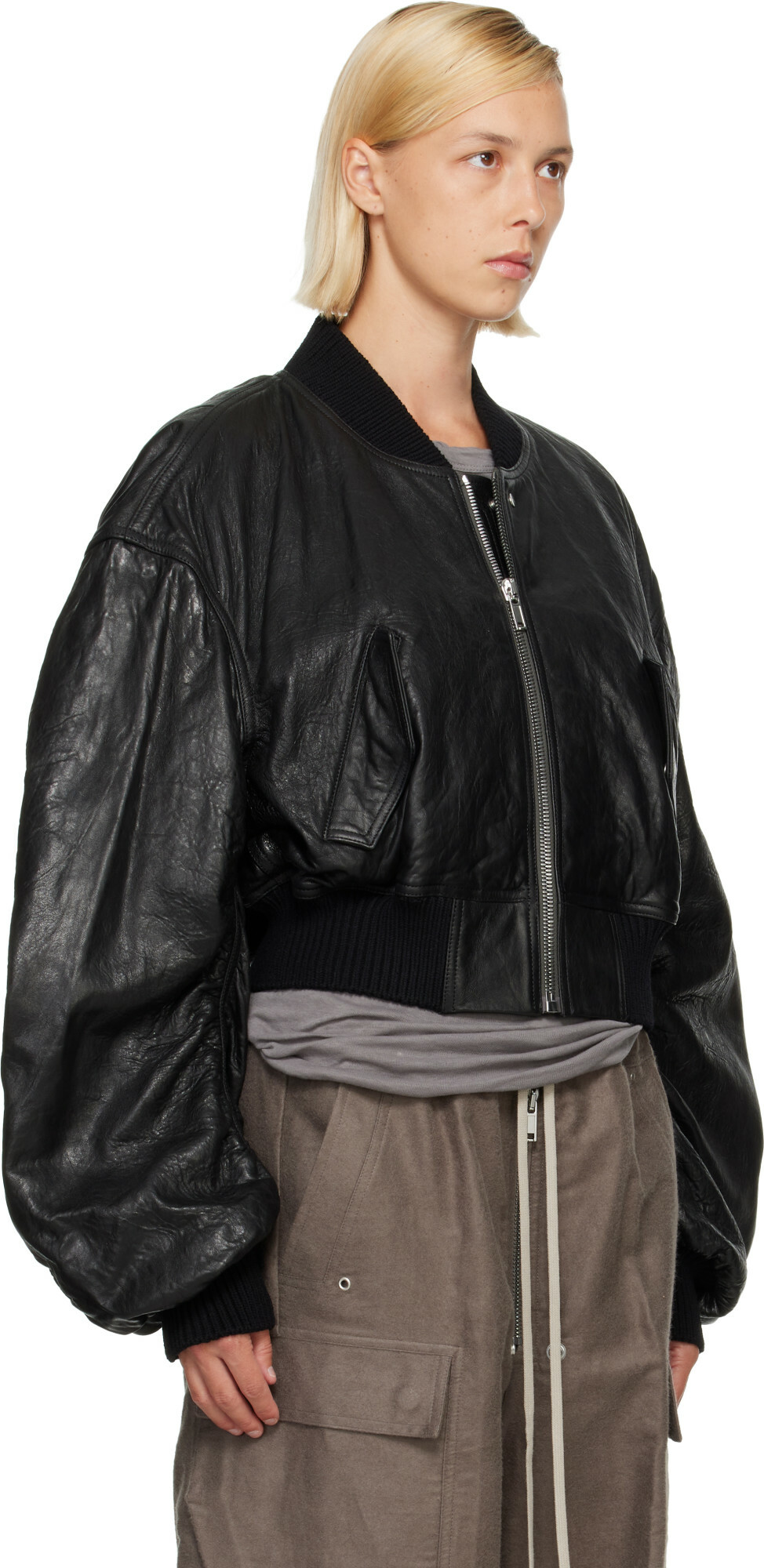 Rick Owens Black Tower Secchia Cropped Leather Flight Jacket