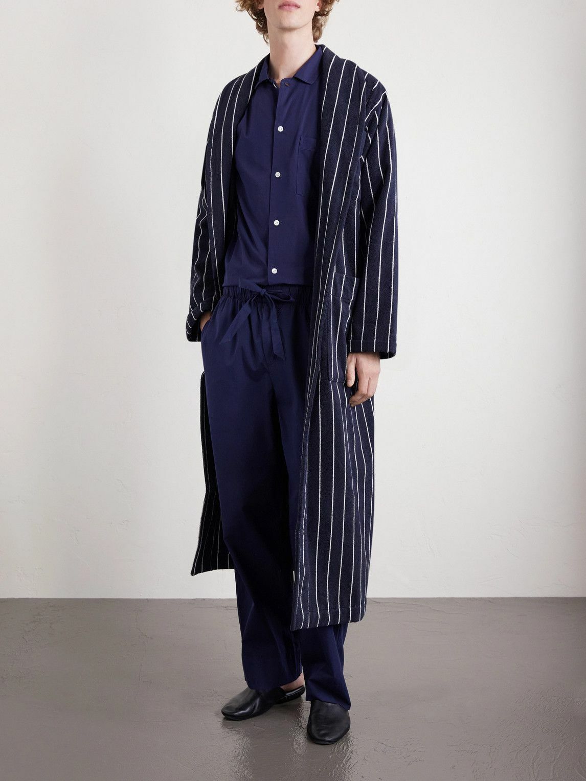 TEKLA - Belted Striped Organic Cotton-Terry Robe - Black