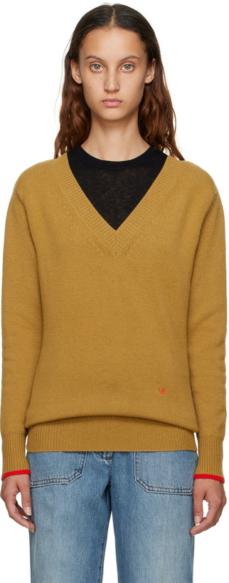 Photo: Victoria Beckham Khaki Double V-Neck Sweater