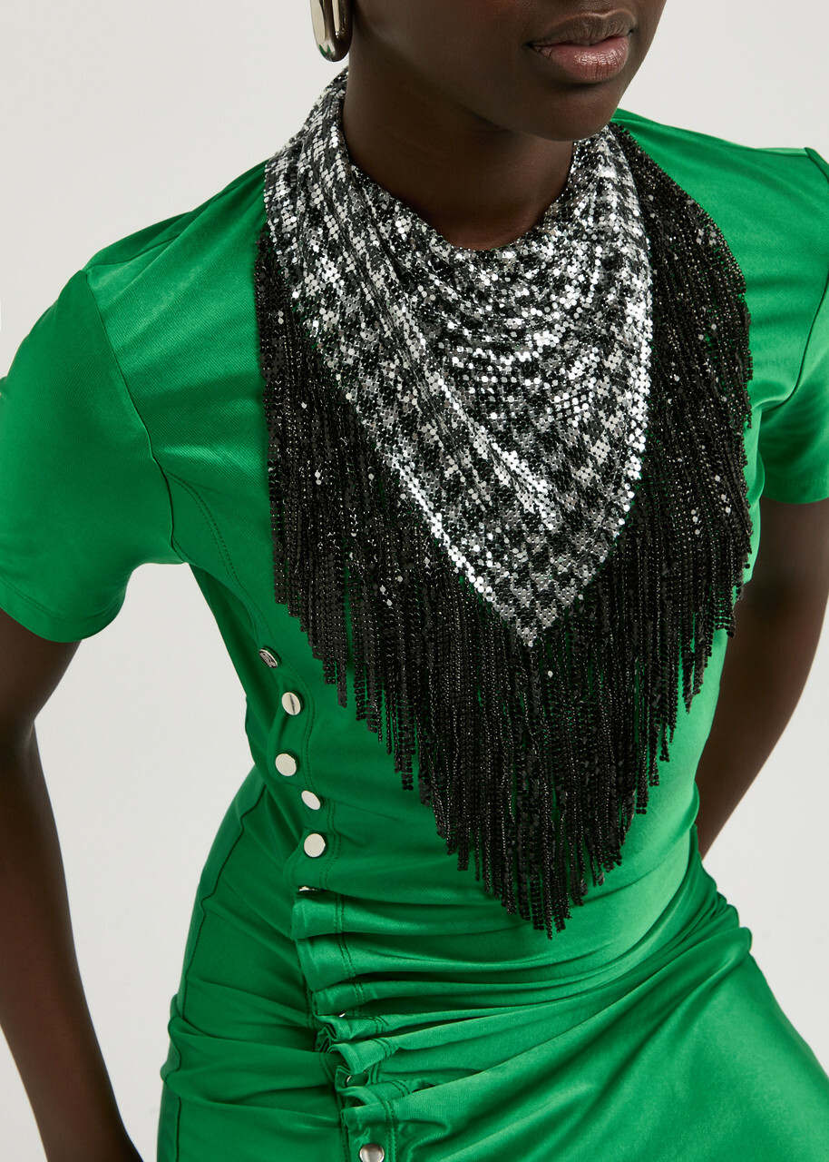 Rabanne Fringed Chainmail Scarf - Black And Silver - One