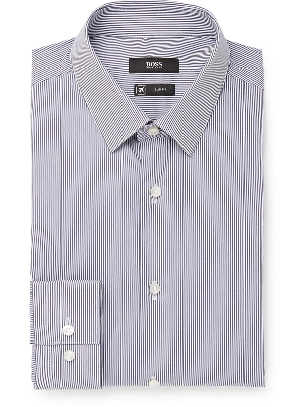 Photo: HUGO BOSS - Slim-Fit Pinstriped Cotton-Blend Shirt - Blue