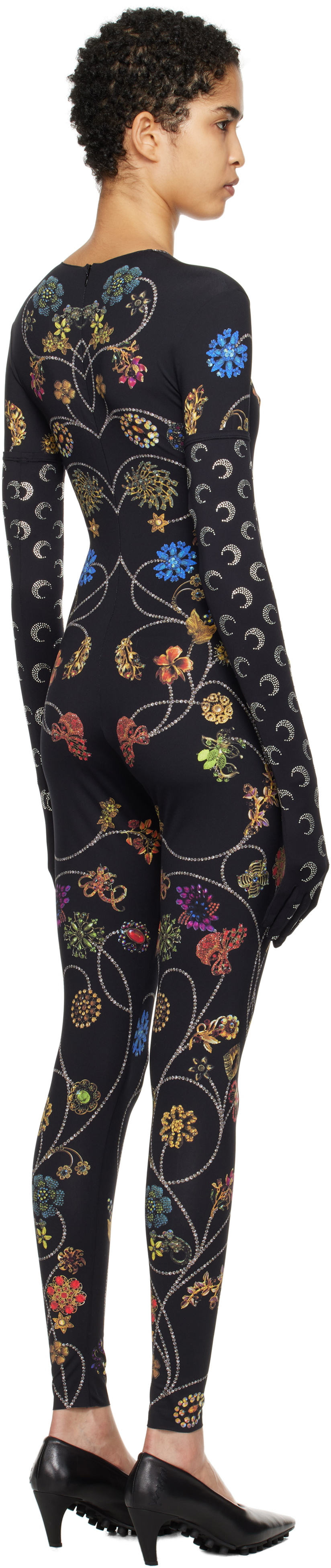 Marine Serre Black Floral Jewelry Printed Jersey Bodysuit