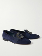 Manolo Blahnik - Carlton Embellished Grosgrain-Trimmed Suede Loafers - Blue