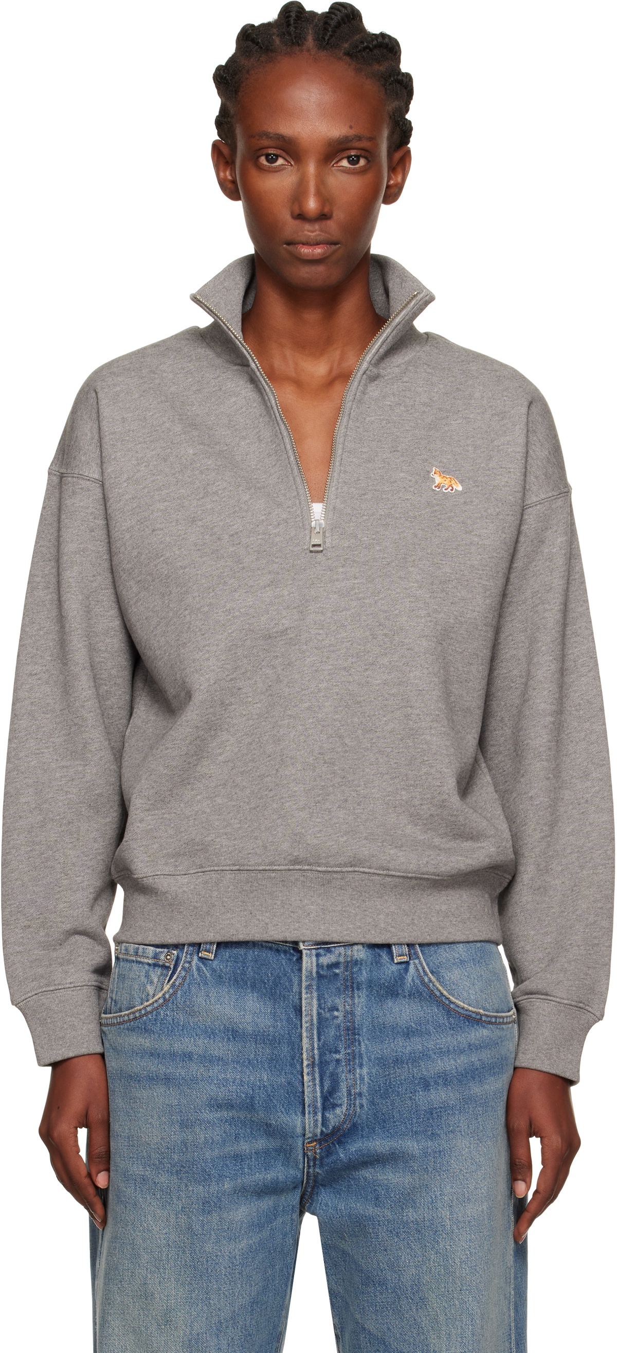 Maison Kitsuné Gray Half Zip Baby Fox Patch Sweatshirt