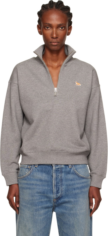 Photo: Maison Kitsuné Gray Half Zip Baby Fox Patch Sweatshirt