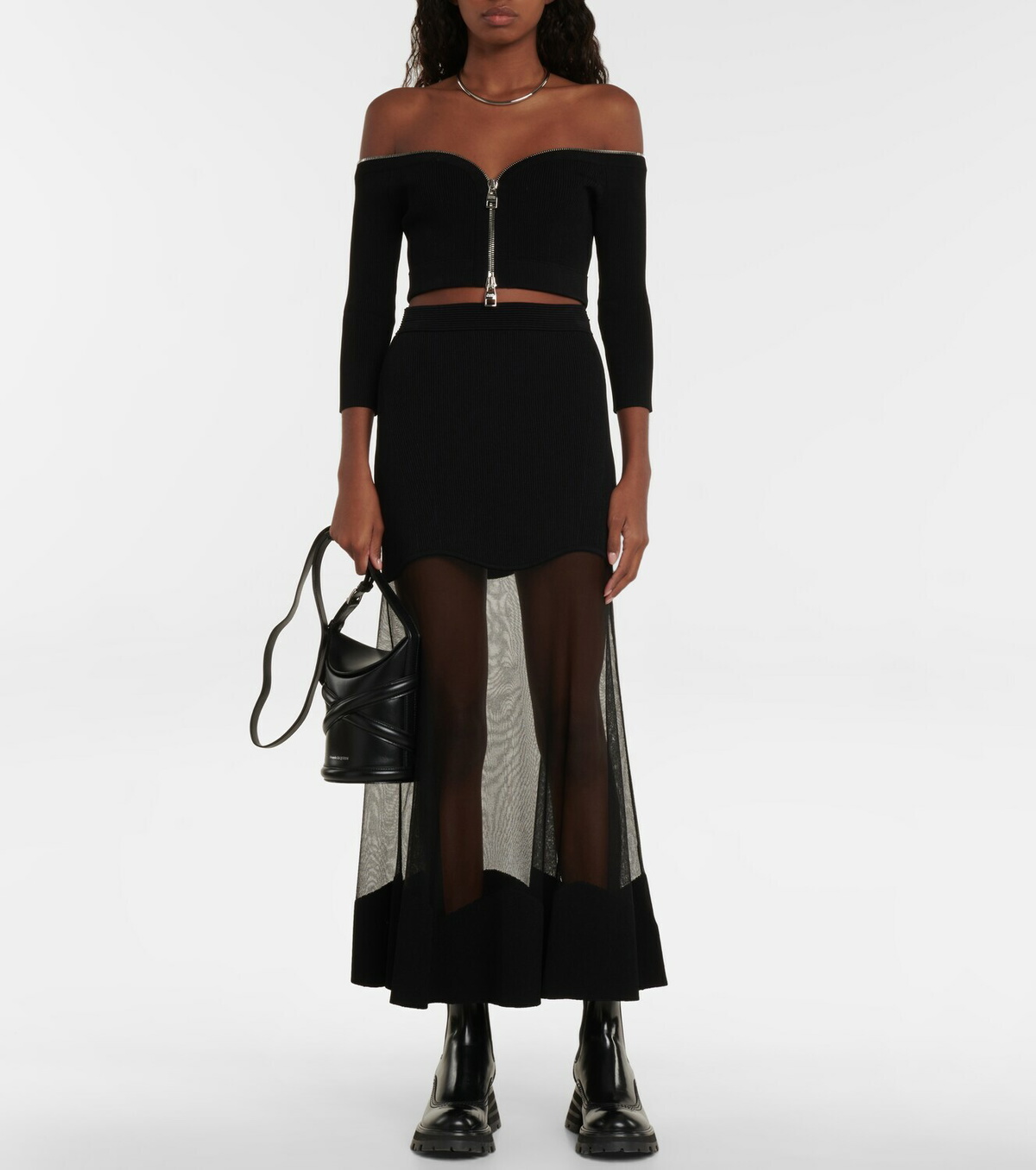 【関税&送料込】Alexander Mcqueen Ribbed Stretch Knit Pencil Alexander McQueen Mesh-paneled ribbed-knit midi skirt