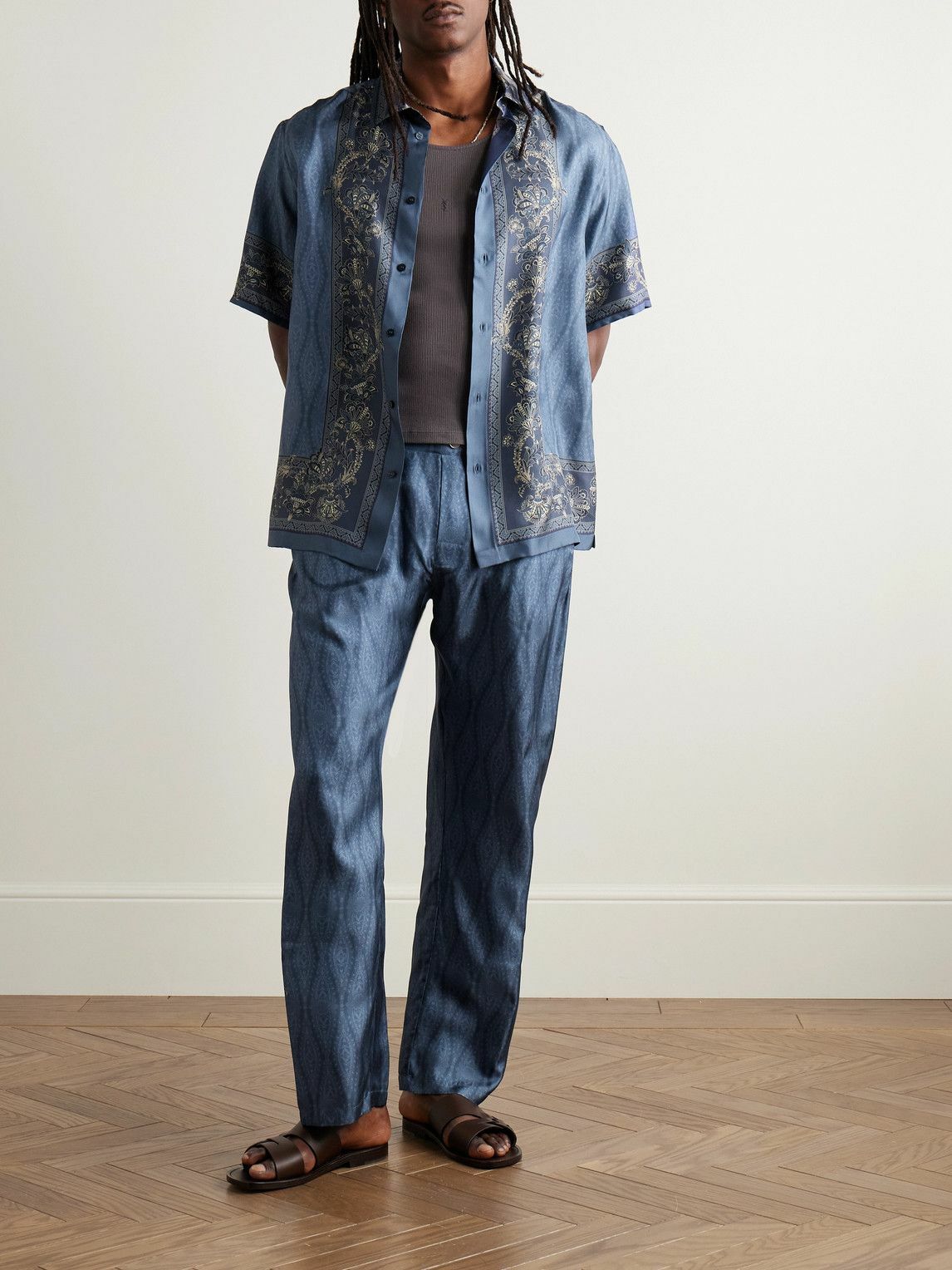 Etro - Slim-Fit Straight-Leg Printed Silk-Twill Trousers - Blue