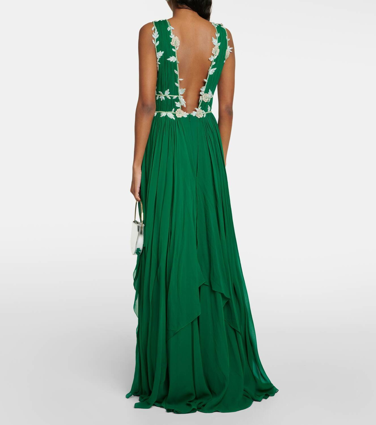 Costarellos Embroidered V-neck draped silk gown Costarellos