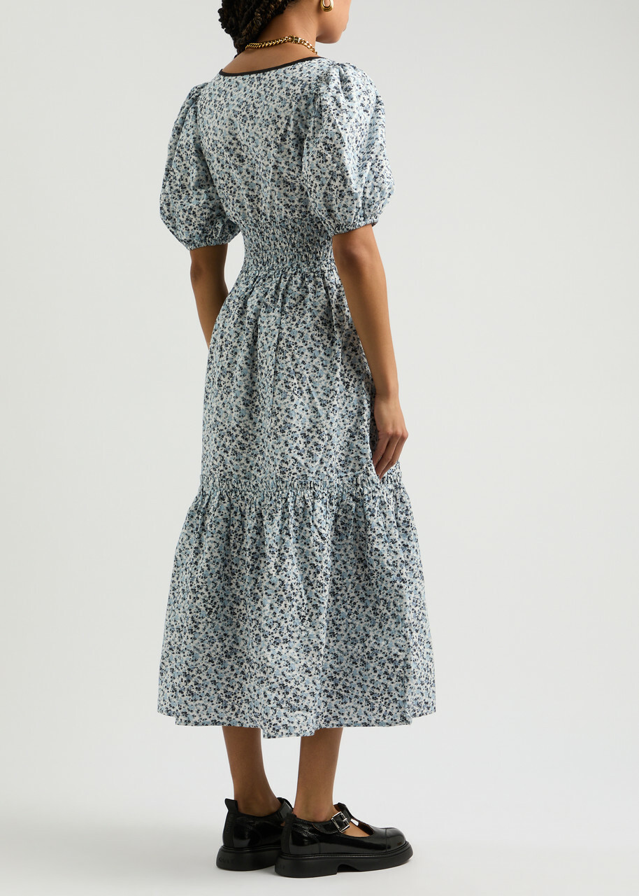 Ganni Floral-print Cotton Midi Dress Blue