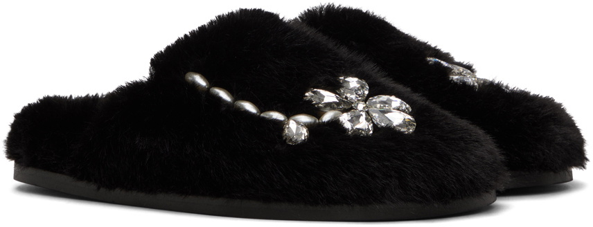 Simone Rocha Black Embellished Furry Slippers