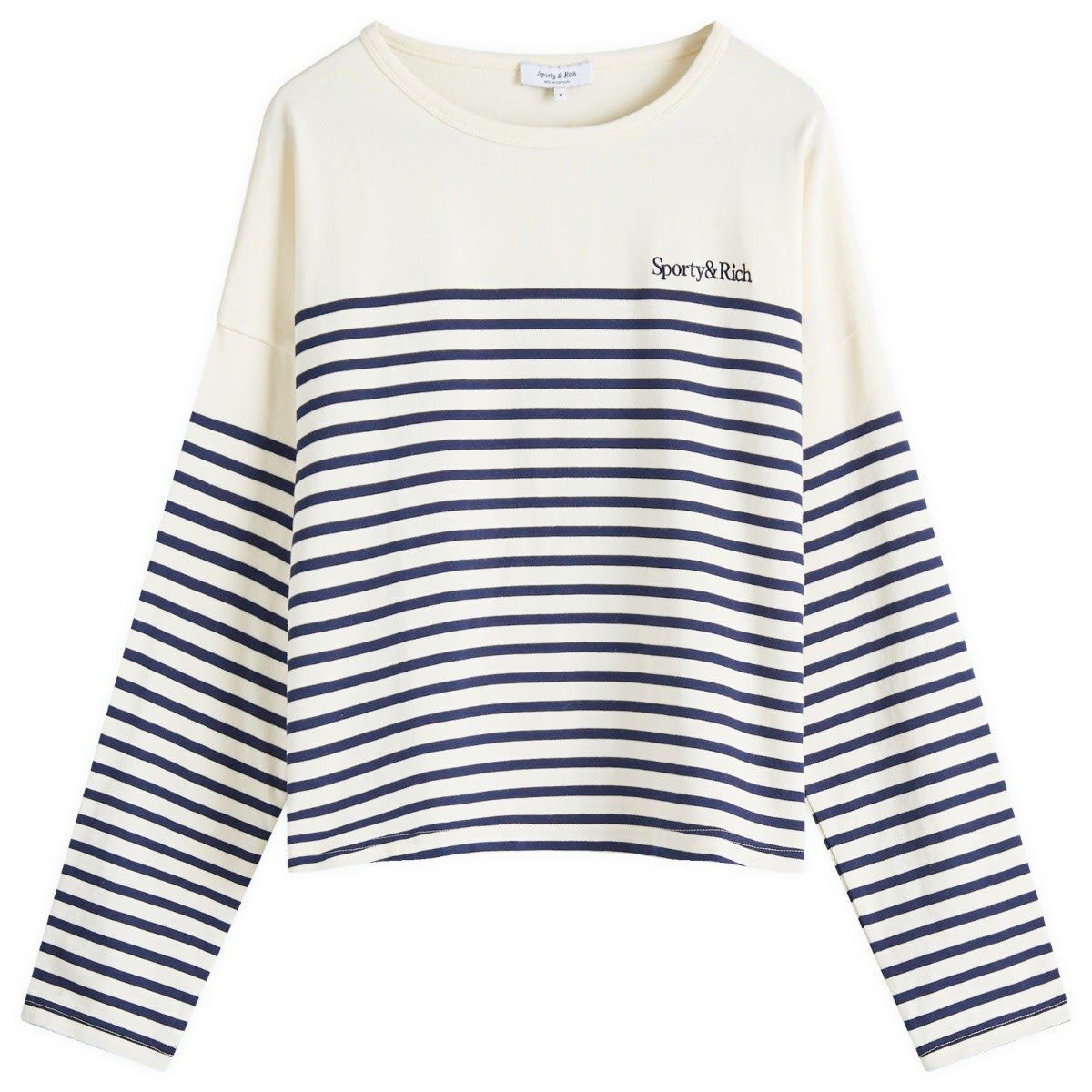 Sporty & Rich Women's Serif Logo Mariniere Sweater in Off White/Navy Strip Navy
