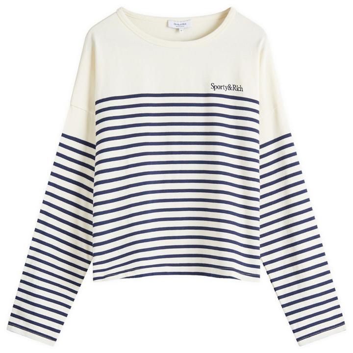 Photo: Sporty & Rich Women's Serif Logo Mariniere Sweater in Off White/Navy Strip Navy