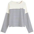 Sporty & Rich Women's Serif Logo Mariniere Sweater in Off White/Navy Strip Navy