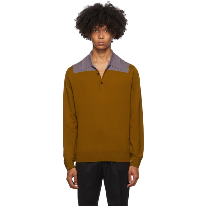 Dries Van Noten Orange and Purple Block Collar Long Sleeve Polo