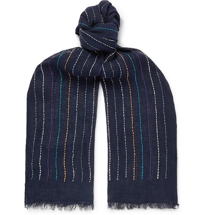 Photo: Paul Smith - Fringed Embroidered Linen Scarf - Navy