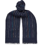 Paul Smith - Fringed Embroidered Linen Scarf - Navy