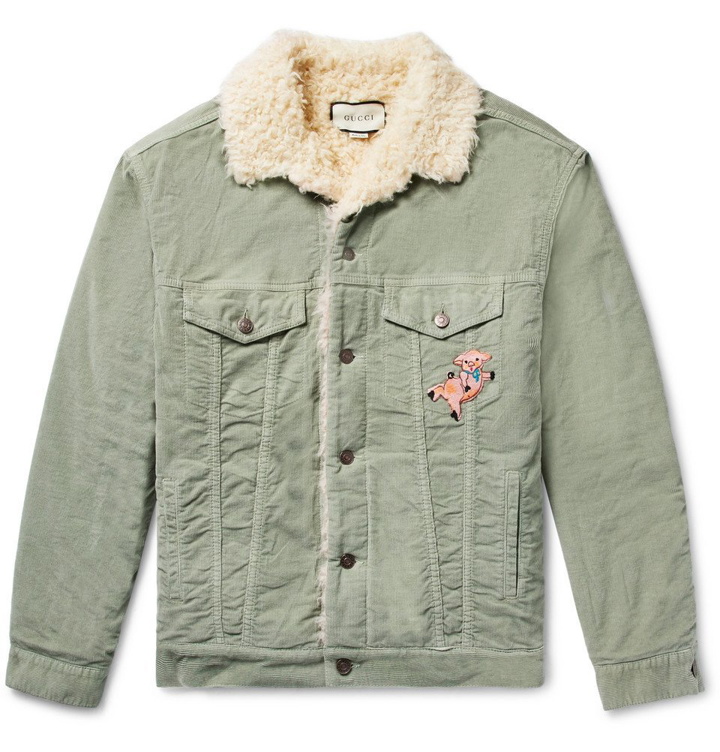 Photo: Gucci - Oversized Faux Shearling-Lined Embroidered Stretch Cotton-Corduroy Trucker Jacket - Men - Light green