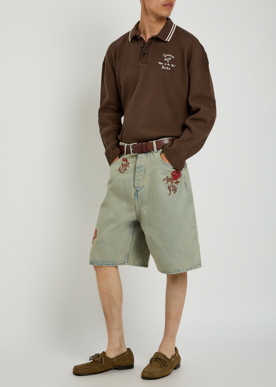 Bode Geneva Logo-embroidered Waffle Polo Shirt Dark Brown