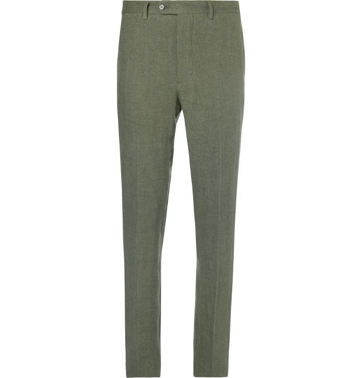 Photo: Officine Generale - Olive Paul Slim-Fit Herringbone Linen-Blend Suit Trousers - Men - Army green