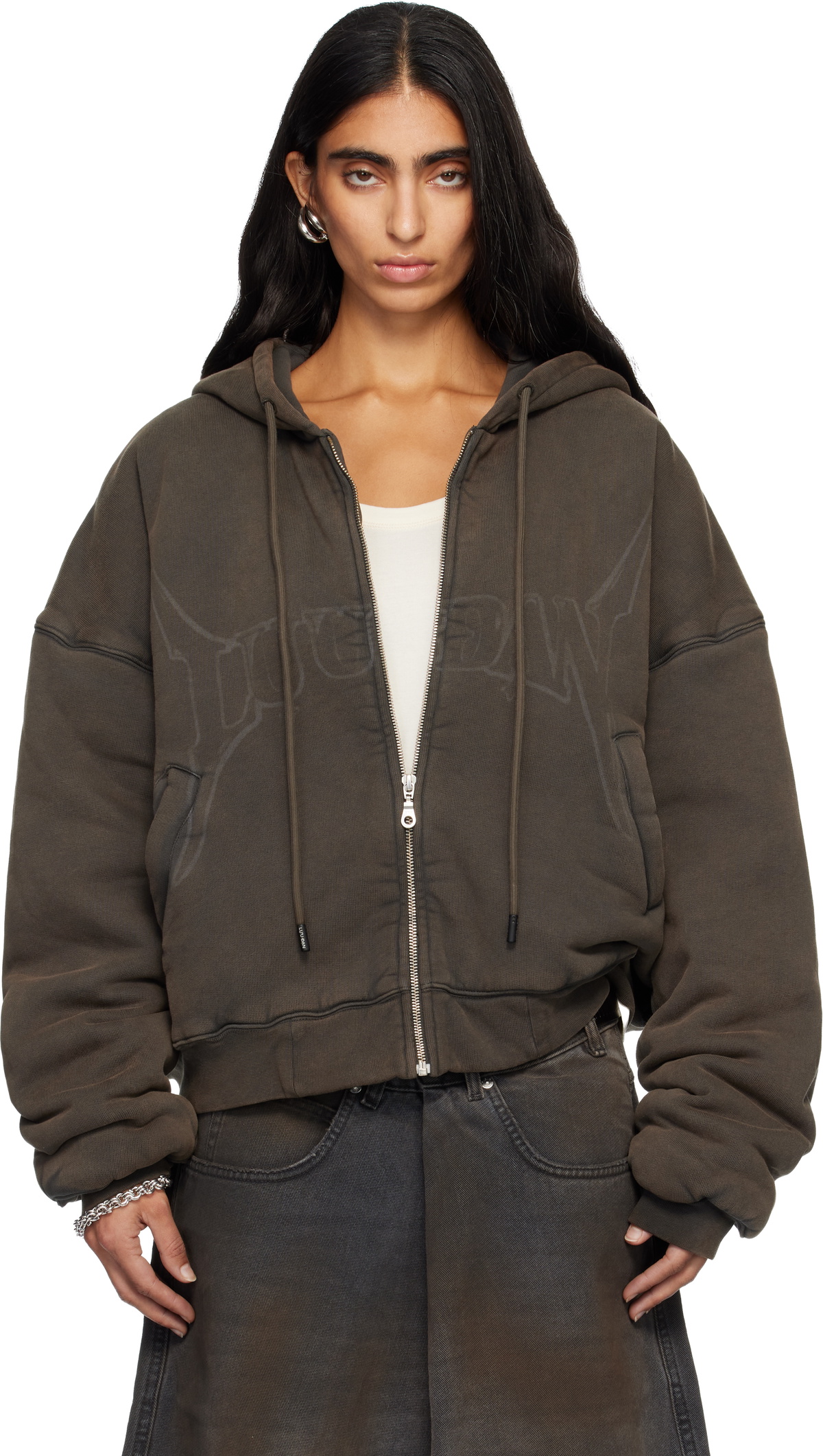LU'U DAN Gray Washed Out Zip Up Hoodie