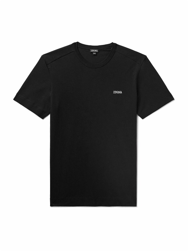 Photo: Zegna - Slim-Fit Logo-Embroidered Cotton-Jersey T-Shirt - Black