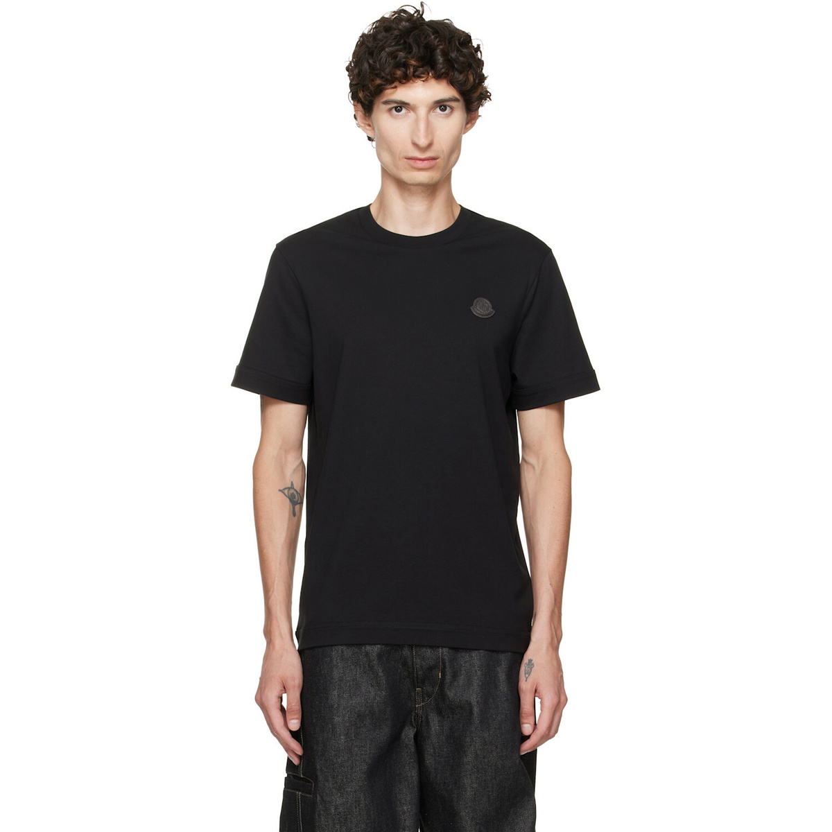 Moncler Black Double Leather Logo Cotton T-shirt