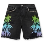 AMIRI - Crochet-Panelled Distressed Printed Denim Shorts - Black